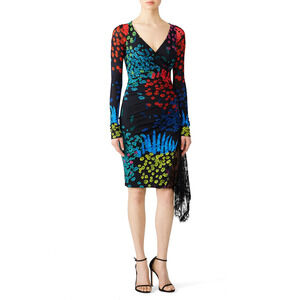 Emanuel Ungaro Winter Garden Knee Length Sheath Dress Black Multi 44 IT / US 6